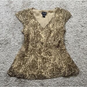 Rafaella Beige Tan V-neck Top Blouse‎ Paisley Boho Hippie Y2K Western Modern 10P